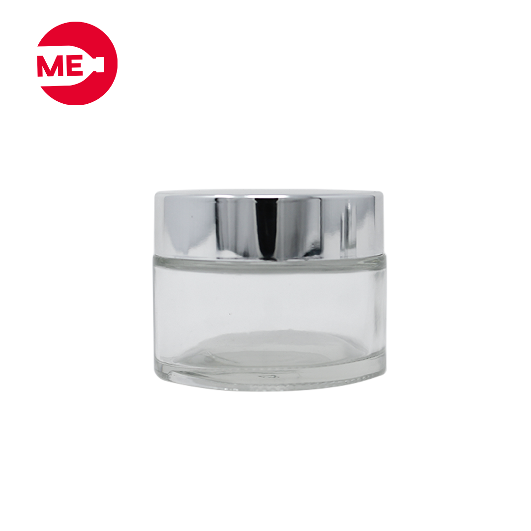 Envase Cremero de Vidrio Transparente 50 g con Tapa de Plástico Plata de Rosca Continua 50 mm