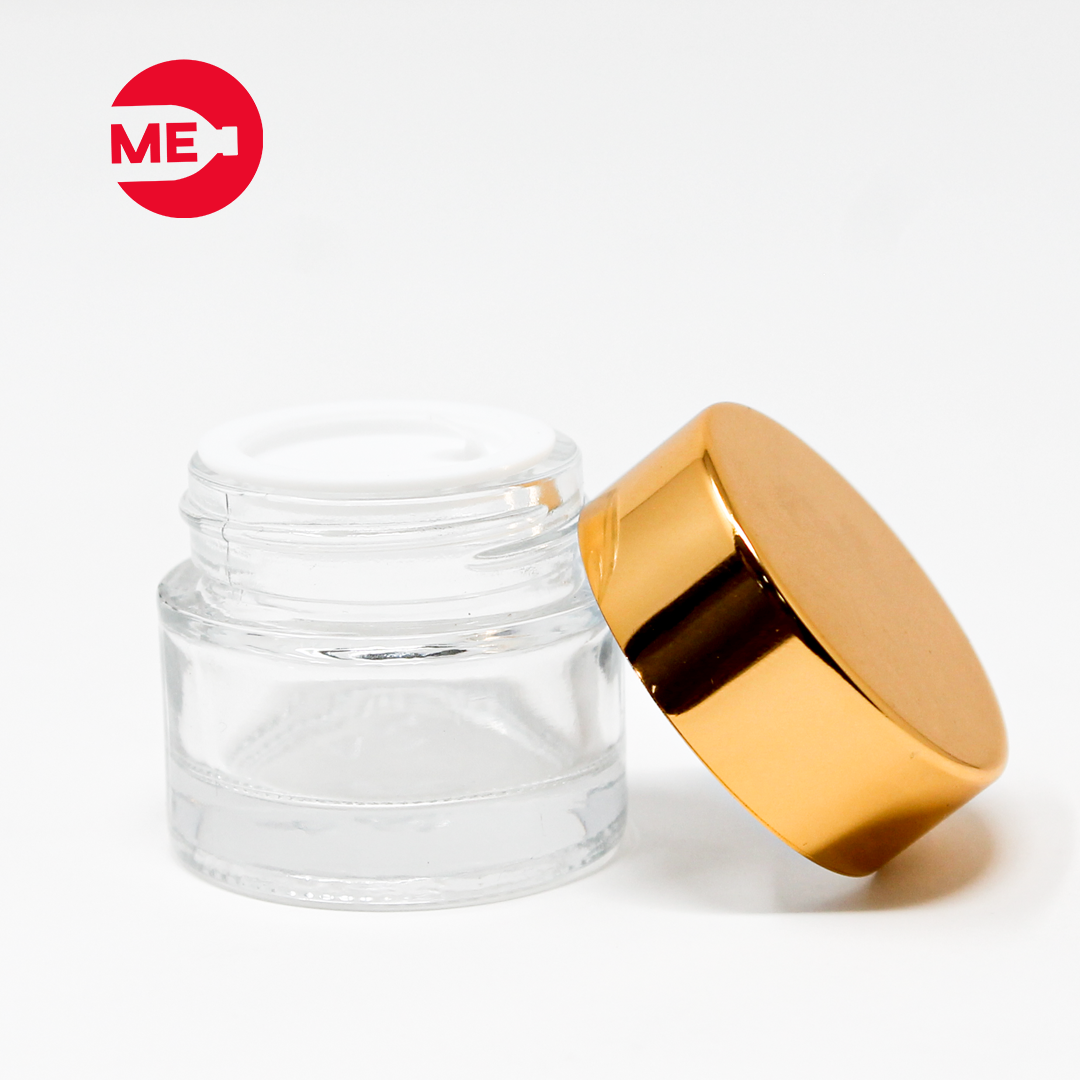 Envase Cremero de Vidrio Transparente 10 g con Tapa de Aluminio Dorado Rosca Continua 30mm