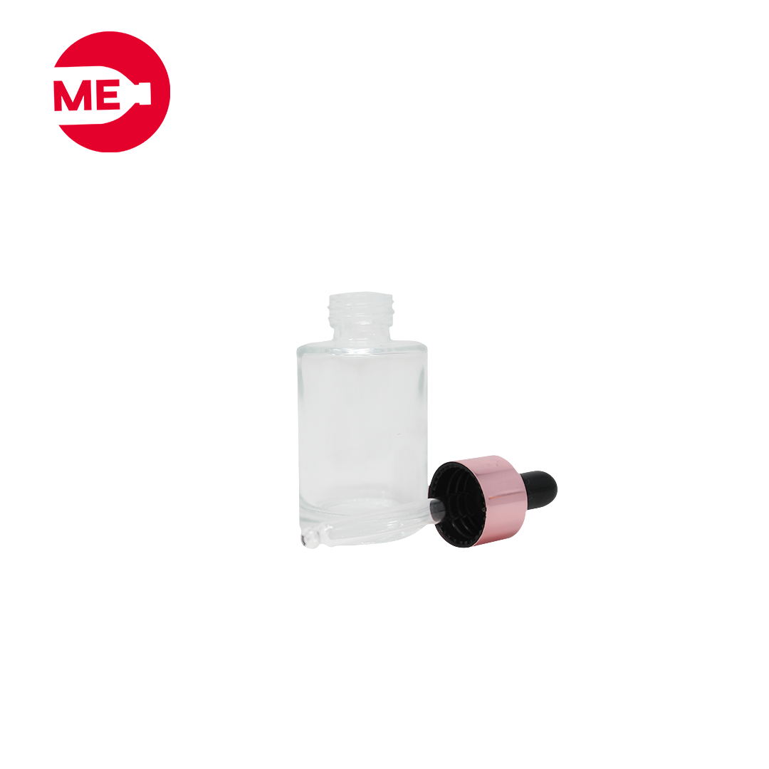 Envase Gotero de Vidrio Transparente 30 ml con Tapa de Aluminio Oro Rosa Rosca Continua 18mm