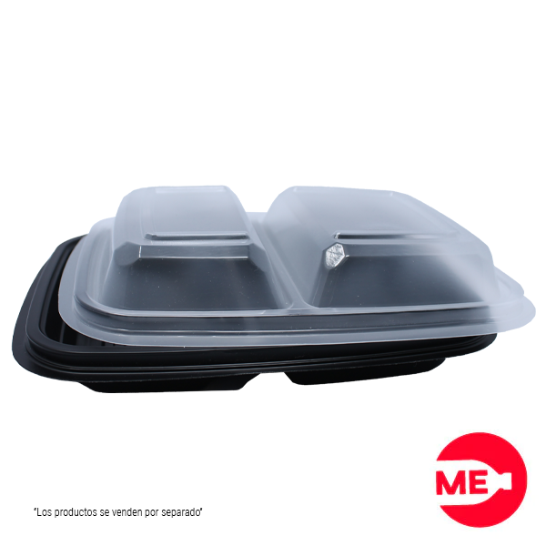 Portacomidas Plato Rectangular de Polipropileno Negro de 500 ml. 2 Divisiones