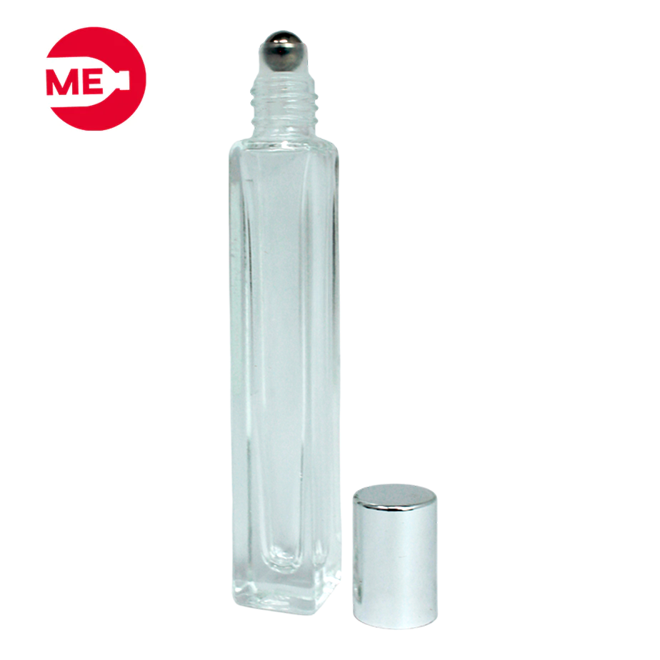 Envase Roll On Vidrio Cuadrado Transparente 10 ml con tapa Plata 3