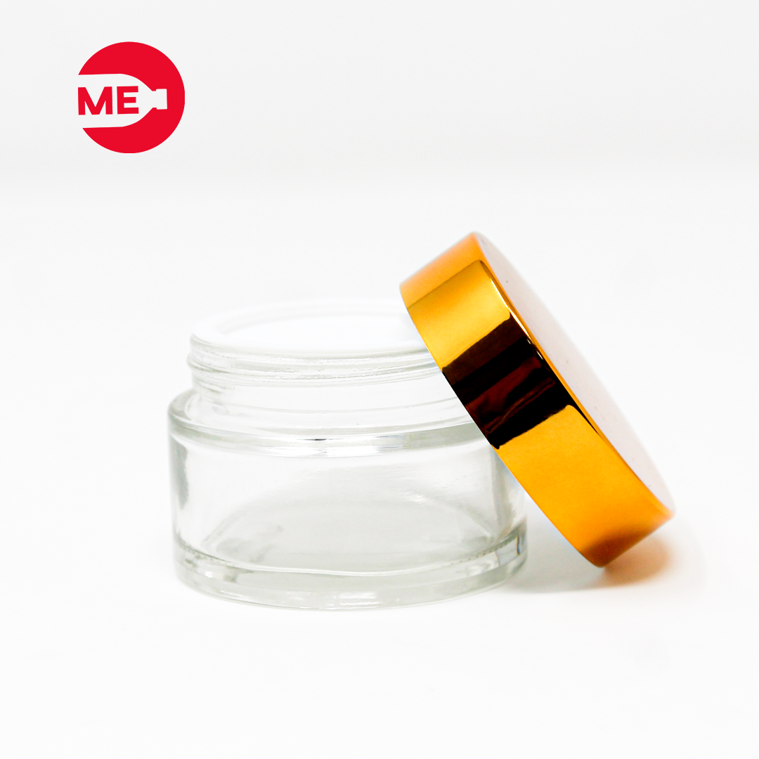 Envase Cremero de Vidrio Transparente 30 g con Tapa de Plástico Dorada de Rosca Continua 44 mm