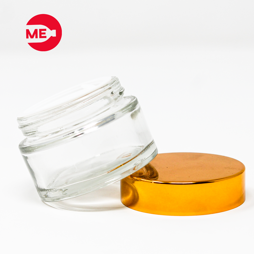 Envase Cremero de Vidrio Transparente 30 g con Tapa de Plástico Dorada de Rosca Continua 44 mm