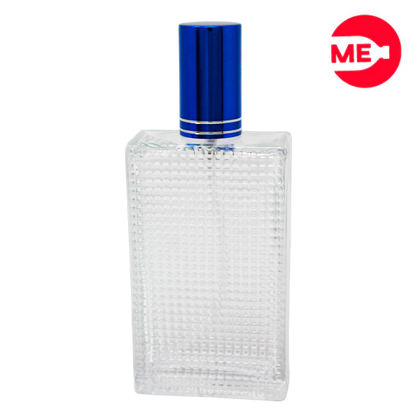 Envase de Vidrio para Perfume Monza Rectangular Transparente de Rosca 100 ml con Tapa Bomba Encasquetada Azul Oscuro