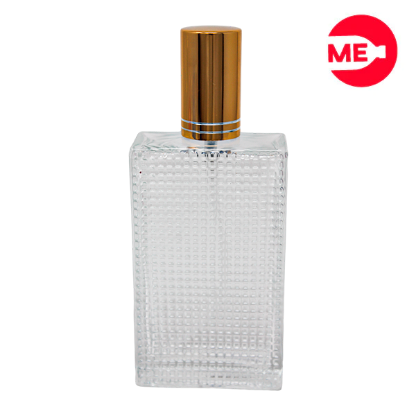 Envase de Vidrio para Perfume Monza Rectangular Transparente de Rosca 100 ml con Tapa Bomba Encasquetada Dorada