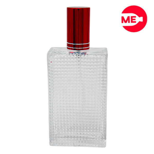 Envase de Vidrio para Perfume Monza Rectangular Transparente de Rosca 100 ml con Tapa Bomba Encasquetada Roja