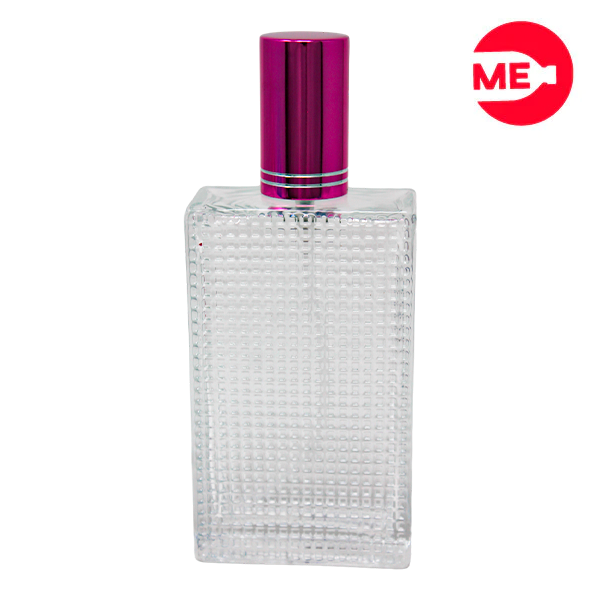 Envase de Vidrio para Perfume Monza Rectangular Transparente de Rosca 100 ml con Tapa Bomba Encasquetada Rosada