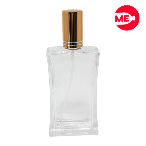 Envase de Vidrio para Perfume de 100 ml, Trieste Rectangular Transparente de Rosca, Boca 10 mm con Tapa Bomba Encasquetada Dorada