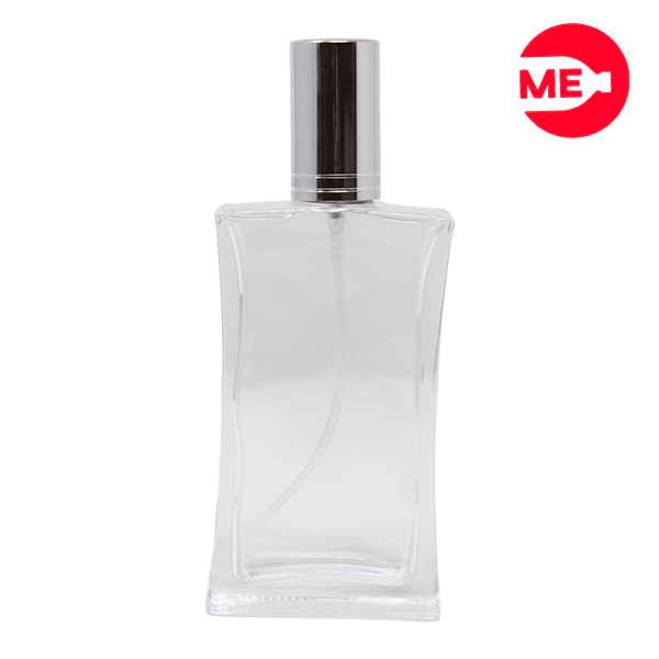 Envase de Vidrio para Perfume de 100 ml, Trieste Rectangular Transparente de Rosca, Boca 10 mm con Tapa Bomba Encasquetada Plata