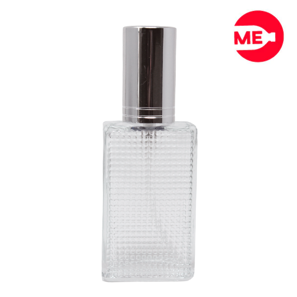 Envase de Vidrio para Perfume Colmena 30ml Rectangular Transparente de Rosca 30 ml con Tapa Bomba Encasquetada Plata