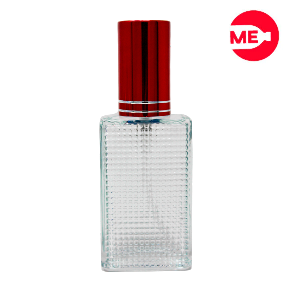 Envase de Vidrio para Perfume Colmena 30ml Rectangular Transparente de Rosca 30 ml con Tapa Bomba Encasquetada Roja