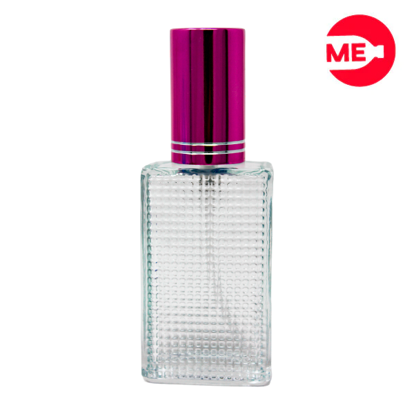 Envase de Vidrio para Perfume Colmena 30ml Rectangular Transparente de Rosca 30 ml con Tapa Bomba Encasquetada Rosada