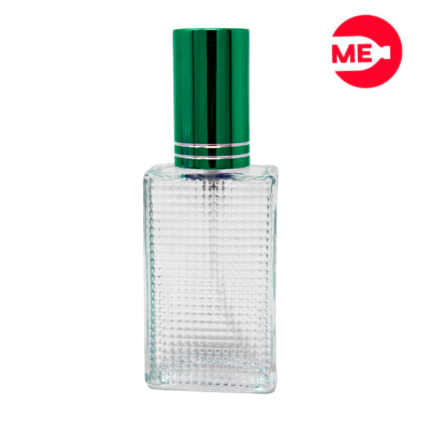 Envase de Vidrio para Perfume Colmena 30ml Rectangular Transparente de Rosca 30 ml con Tapa Bomba Encasquetada Verde