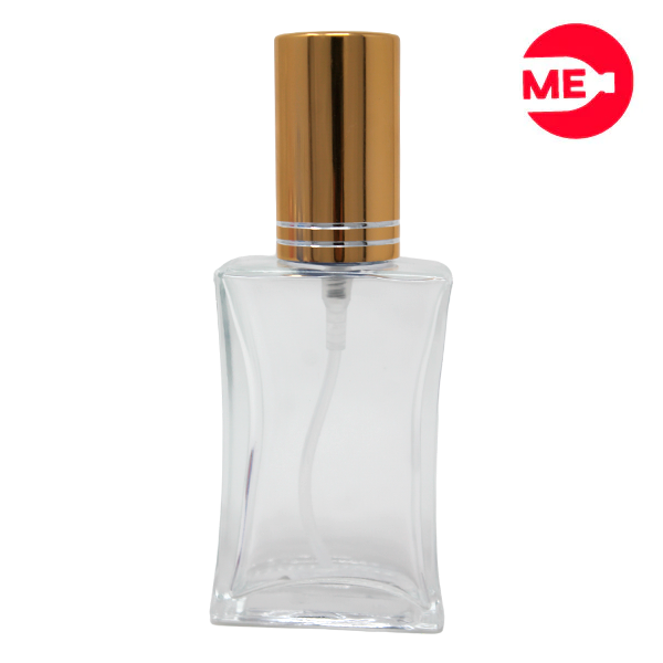 Envase de Vidrio para Perfume de 30 ml, Calli Rectangular Transparente de Rosca, Boca 9 mm con Tapa Bomba Encasquetada Dorada