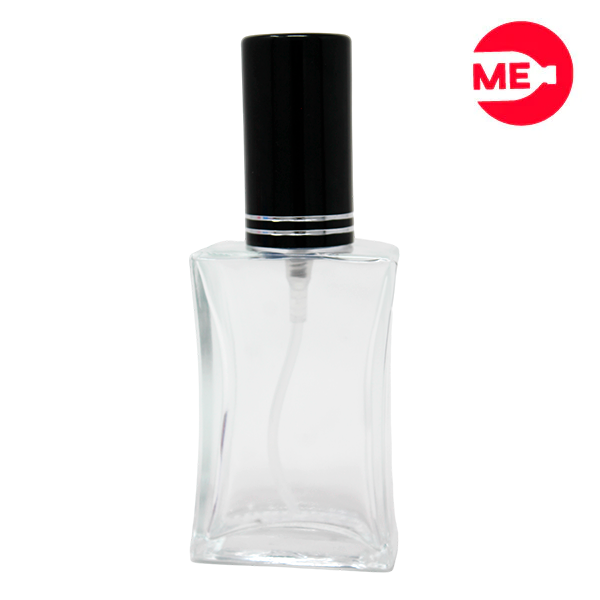 Envase de Vidrio para Perfume de 30 ml, Calli Rectangular Transparente de Rosca, Boca 9 mm con Tapa Bomba Encasquetada Negra