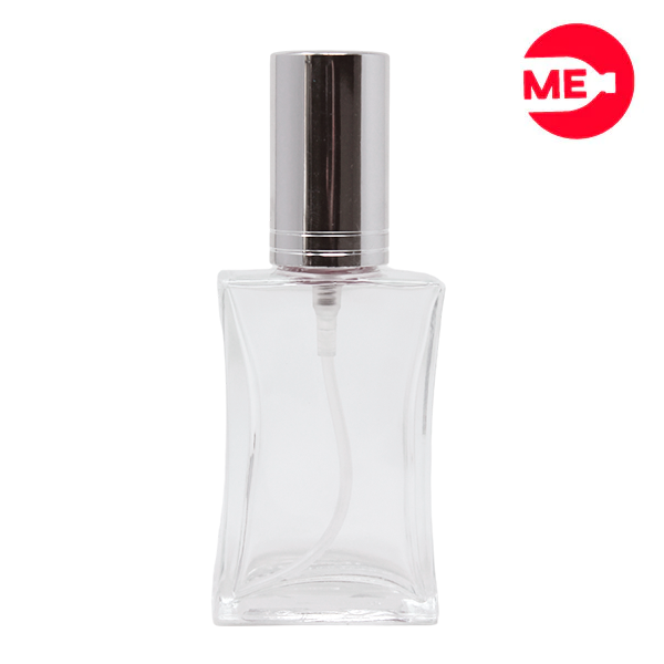 Envase de Vidrio para Perfume de 30 ml, Calli Rectangular Transparente de Rosca, Boca 9 mm con Tapa Bomba Encasquetada Plata