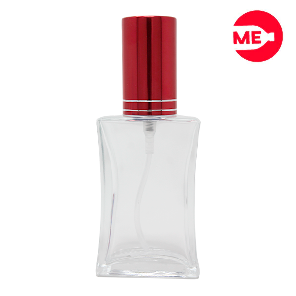 Envase de Vidrio para Perfume de 30 ml, Calli Rectangular Transparente de Rosca, Boca 9 mm con Tapa Bomba Encasquetada Roja