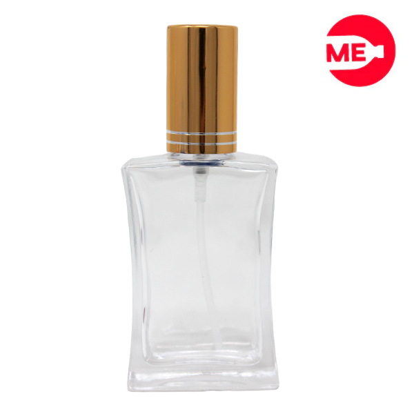 Envase de Vidrio para Perfume de 50 ml, Siena Rectangular Transparente de Rosca, Boca 10 mm con Tapa Bomba Encasquetada Dorada