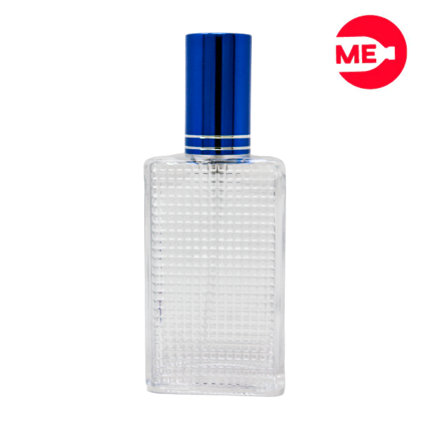 Envase de Vidrio para Perfume de 60 ml, Colmena Rectangular Transparente de Rosca, Boca 10mm con Tapa Bomba Encasquetada Azul Oscuro