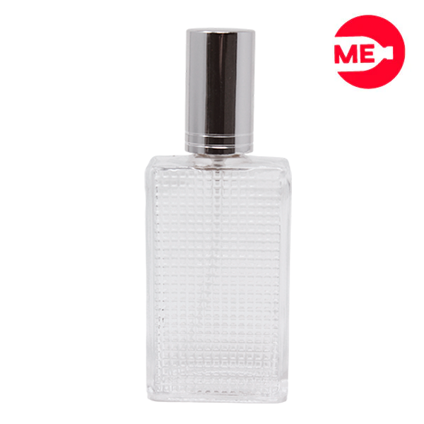 Envase de Vidrio para Perfume Colmena 60ml Rectangular Transparente de Rosca 60 ml con Tapa Bomba Encasquetada Plata