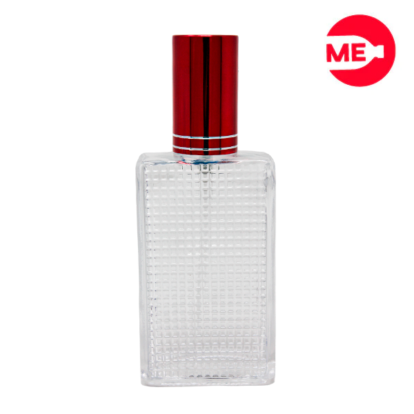 Envase de Vidrio para Perfume Colmena 60ml Rectangular Transparente de Rosca 60 ml con Tapa Bomba Encasquetada Roja