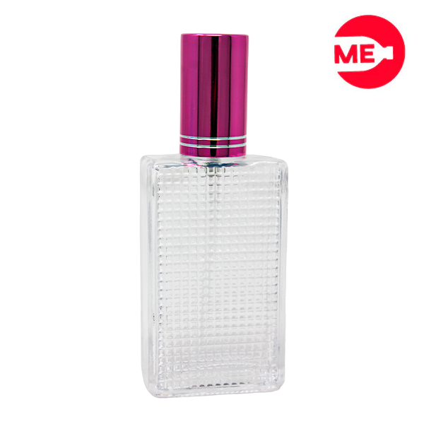 Envase de Vidrio para Perfume Colmena 60ml Rectangular Transparente de Rosca 60 ml con Tapa Bomba Encasquetada Rosada