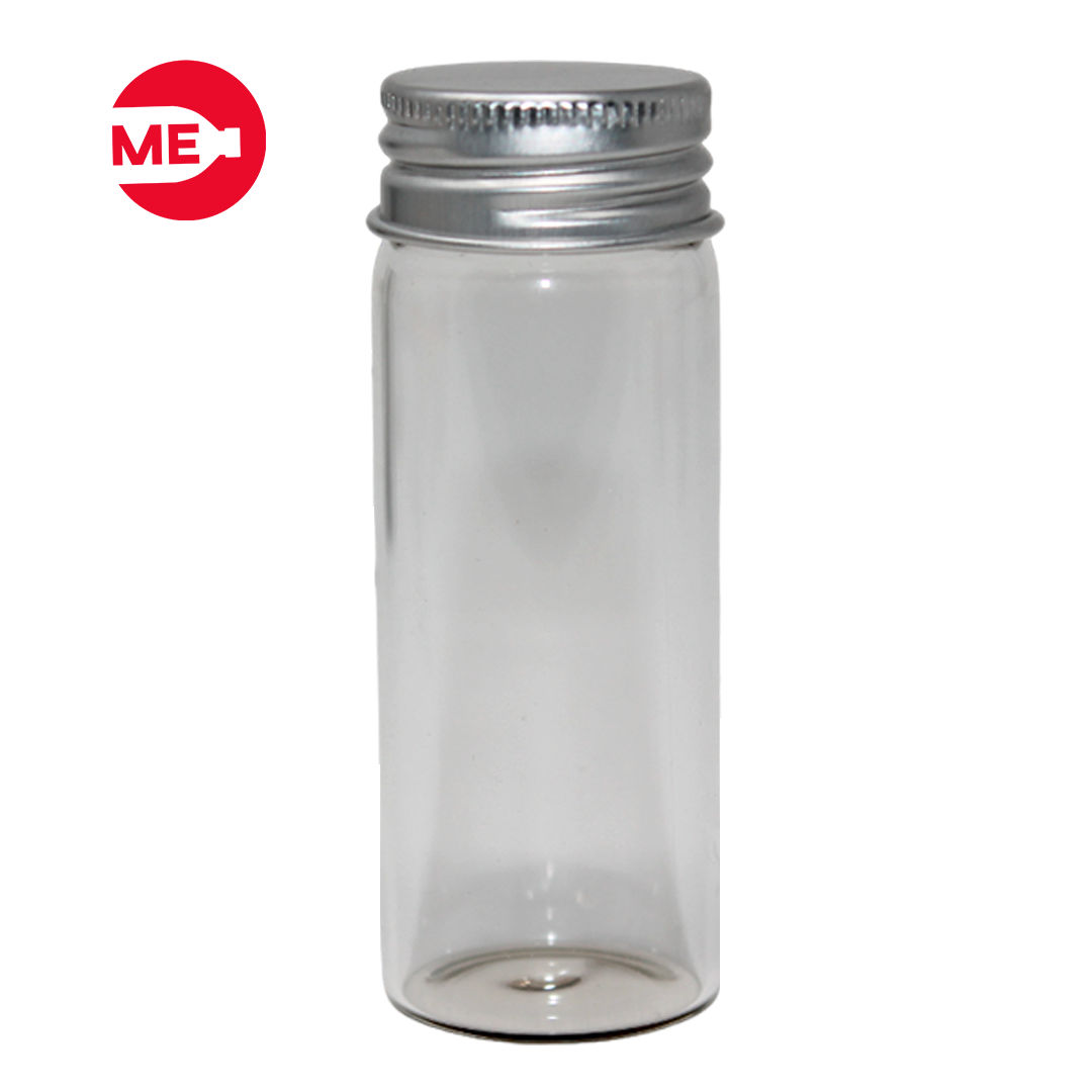 Envase Tubo de Vidrio Transparente 40 ml con Tapa de Aluminio Plata Rosca Continua 25mm
