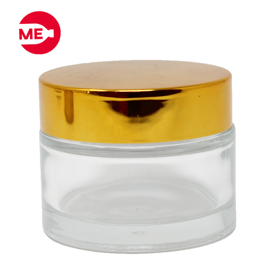 Envase Cremero de Vidrio Transparente 50 g con Tapa de Plástico Dorado Rosca Continua 50mm