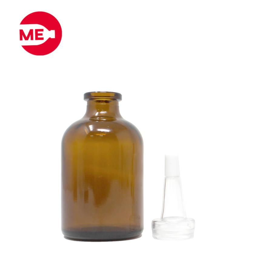 Envase Dosificador de Vidrio Ámbar 50 ml con Tapa de Silicona Transparente  20mm