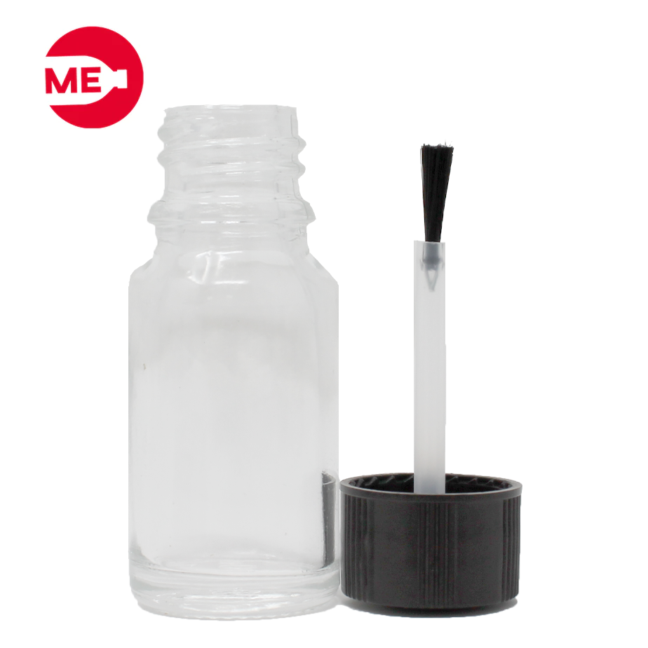 Envase de Vidrio Esmalte Transparente 10 ml con Tapa de Plástico Negra Rosca Continua 16mm