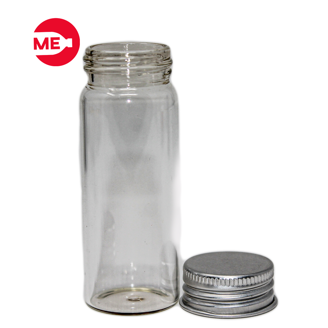 Envase Tubo de Vidrio Transparente 20 ml con Tapa de Aluminio Plata Rosca Continua 17mm