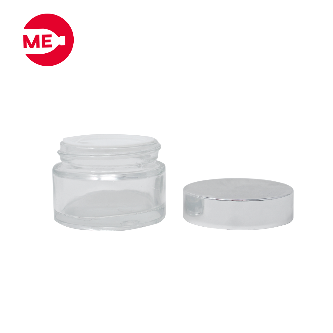Envase Cremero de Vidrio Transparente 30 g con Tapa de Plástico Plata Rosca Continua 44mm