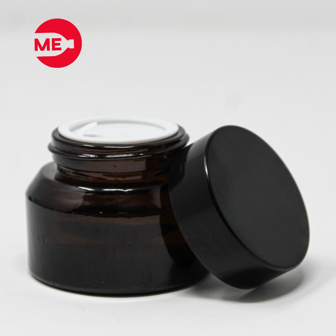 Envase Cremero de Vidrio Ámbar 30 g con Tapa de Plástico Negra Rosca Continua 37mm