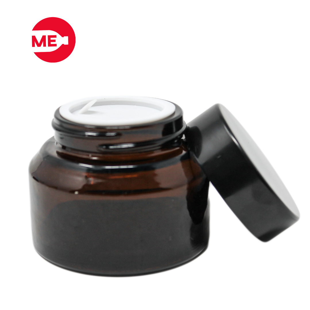 Envase Cremero de Vidrio Ámbar 50 g con Tapa de Plástico Negra Rosca Continua 41mm